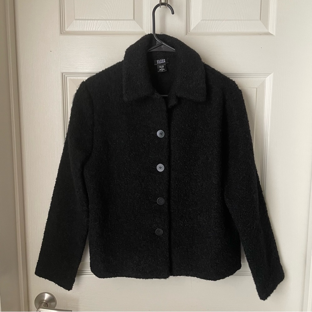 Eileen Fisher Small Black Wool Boucle Button Front Cardigan Jacket